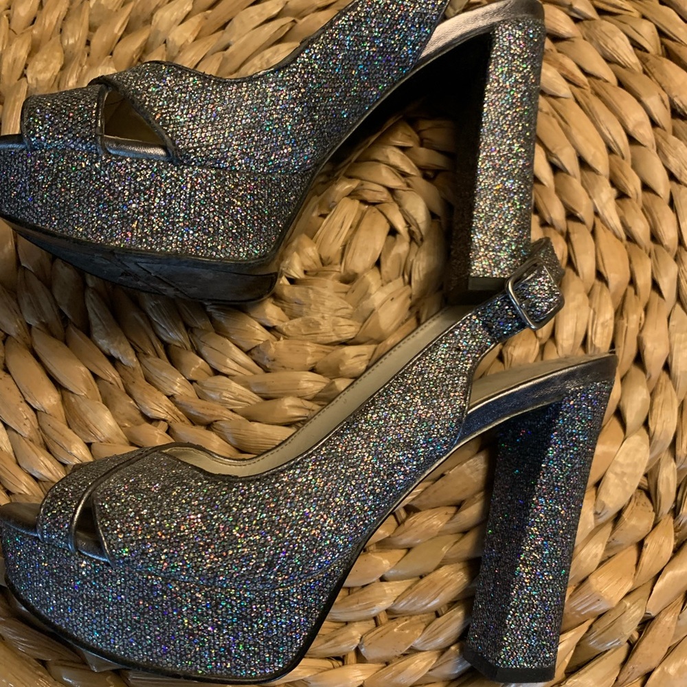 Nine West sparkly heels, open toe, size 5.5 US, 4” heel, back strap